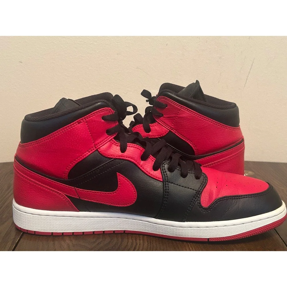 Nike Air Jordan 1 Mid Banned Bred 2020 Black Red 554724-074 Men's Size 14